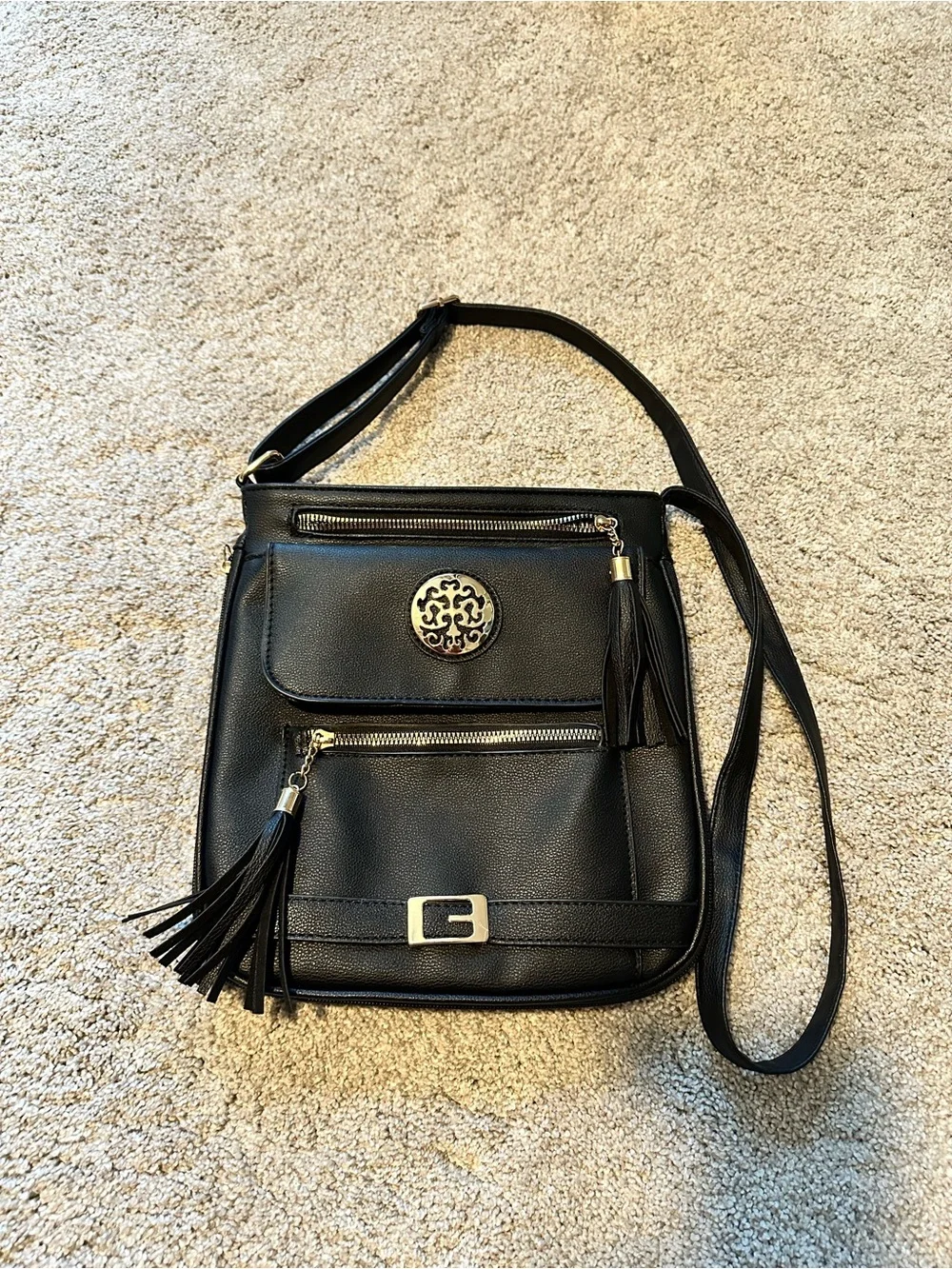 Large Black Crossbody Bag with Tassels Stylish Everyday Shoulder Bag 10.5” X 10”